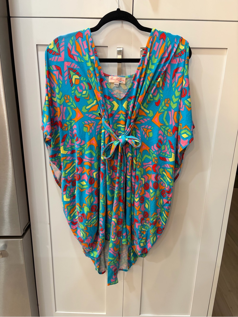 Bright Turquoise Multi-Color V-Neck Women’s swim coverup with Tie Front